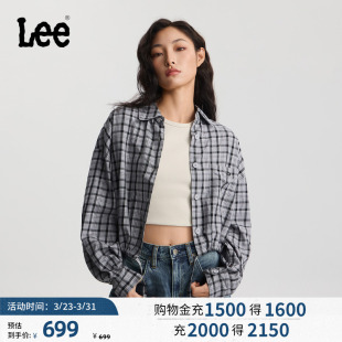 衬衫 Lee商场同款 格子长袖 下摆抽绳设计短款 灰色女 26春夏新舒适版