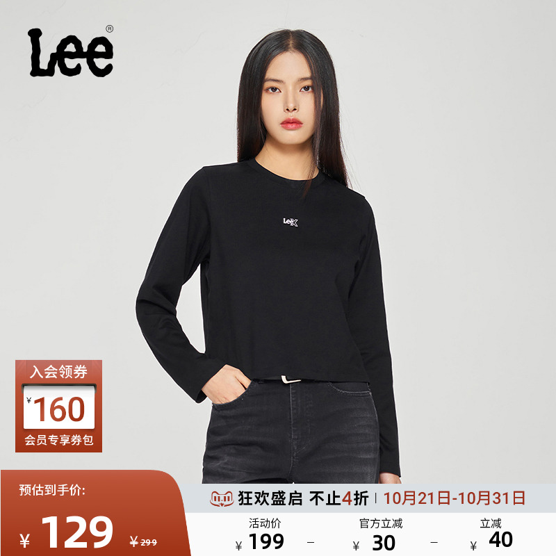 Lee银色闪光Logo黑色女长袖T恤