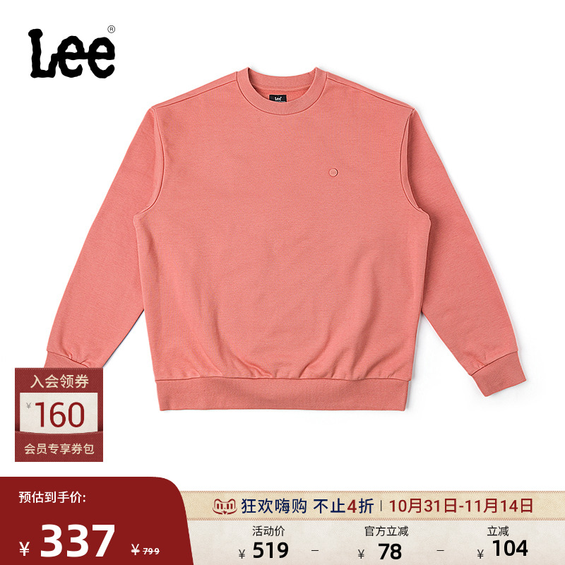 Lee商场同款舒适版圆领大Logo设计磨毛粉色男长袖卫衣休闲潮保暖