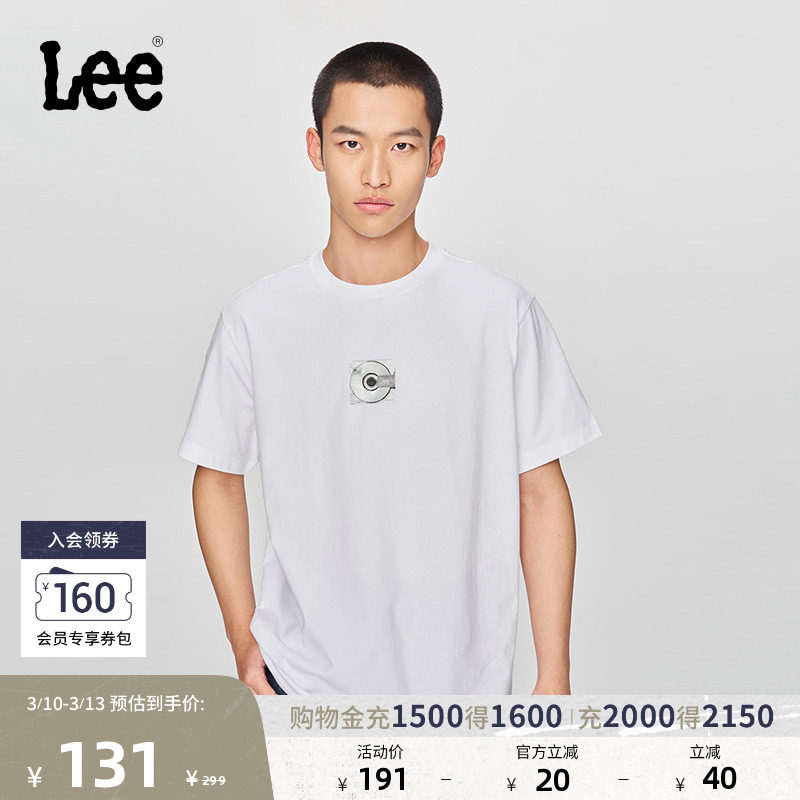 Lee舒适版经典圆领镭射光盘图案印花男短袖T恤休闲潮LMT0098444LE