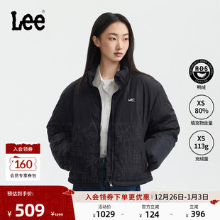 Lee25秋冬新品 立领裂纹图案小Logo徽标黑色女羽绒服休闲潮 舒适版