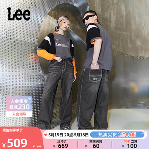 Lee24春夏新品宽松直筒撞色车线黑色男女同款牛仔裤潮A06461