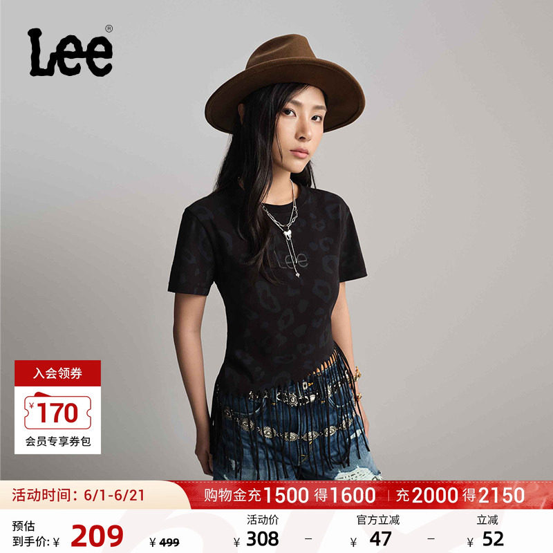 Lee商场同款舒适版101+豹纹满印流苏圆领黑色女短袖T恤休闲潮流