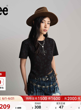 Lee商场同款舒适版101+豹纹满印流苏圆领黑色女短袖T恤休闲潮流