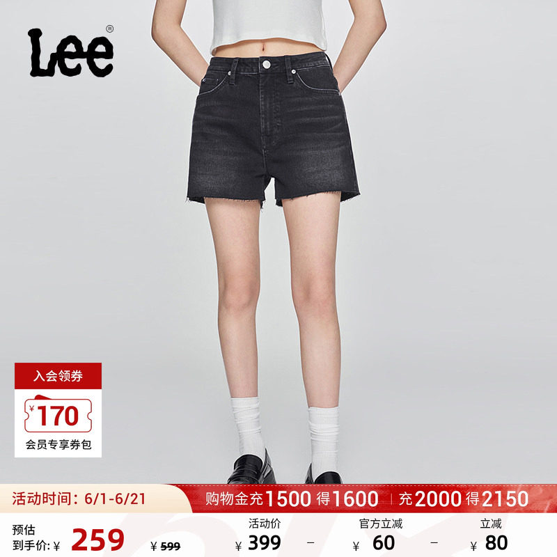 Lee日常经典五袋款设计毛边黑灰色水洗女士牛仔短裤休闲潮A08079