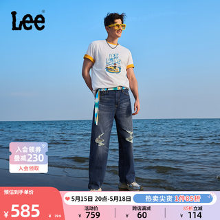 Lee24春夏新品宽松直筒Y2K磨损破洞中深蓝男牛仔裤潮A06373