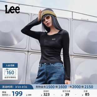 T恤休闲潮LWT010876207 圆领刺绣Logo设计黑色女罗纹长袖 Lee修身 版