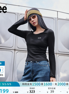 Lee修身版圆领刺绣Logo设计黑色女罗纹长袖T恤休闲潮LWT010876207