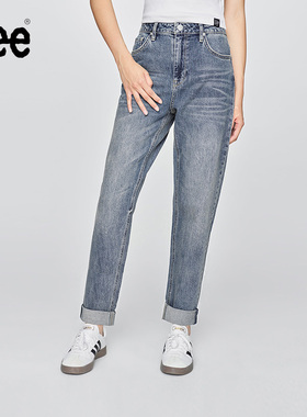 【张凌赫代言】Lee411舒适高腰小直脚中浅蓝色女牛仔裤潮流A08846