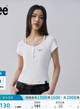 Lee修身版型圆领镂空设计刺绣Logo女短袖T恤休闲潮流LWT009876207