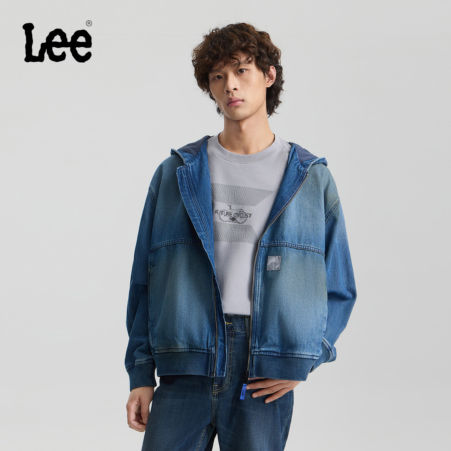 Lee商场同款舒适版连帽拉链复古深蓝色男牛仔夹克外套