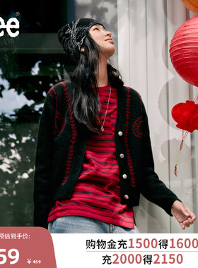 Lee商场同款26春夏新品宽松版圆领刺绣Logo条纹红色女长袖T恤休闲