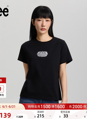 Lee26春夏新品圆领蕾丝图案印花女士短袖T恤休闲潮流LWT0121954LE