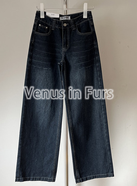 美式复古深蓝色舒适显瘦水洗做旧自然腰宽松直筒阔腿牛仔长裤女
