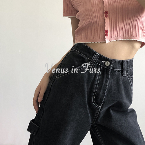 包邮 美式复古 百搭工装风高腰显瘦明线设计口袋宽松直筒牛仔长裤