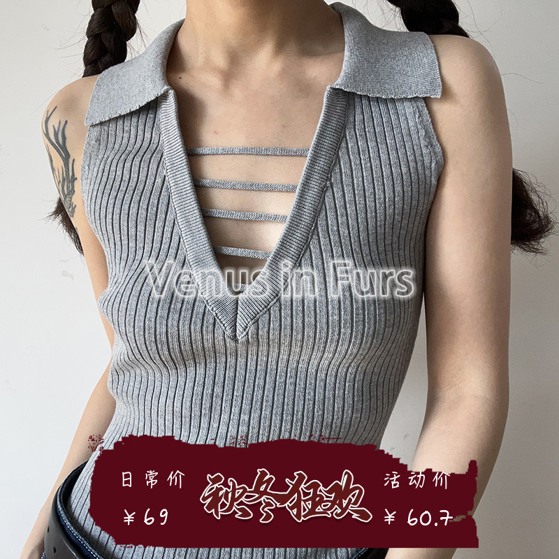 复古辣妹V领坑条无袖针织背心女