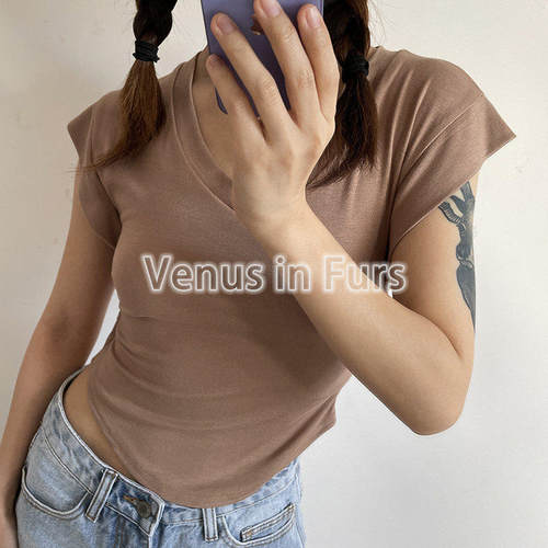 V领不规则下摆小飞袖短袖上衣女