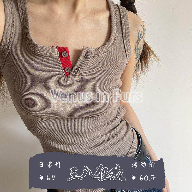 美式复古设计感后背绑带拼色系扣修身性感露背无袖工字型背心上衣