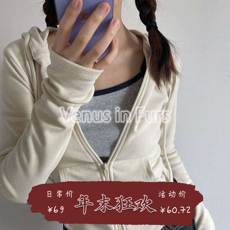 早春复古百搭青春运动风纯色修身型显瘦长袖连帽拉链卫衣帽衫开衫