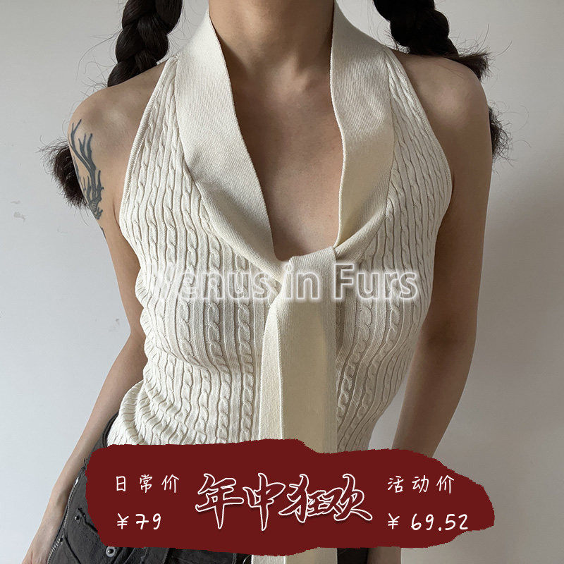 欧美风性感后背蕾丝拼接飘带柔软舒适修身麻花针织无袖背心上衣
