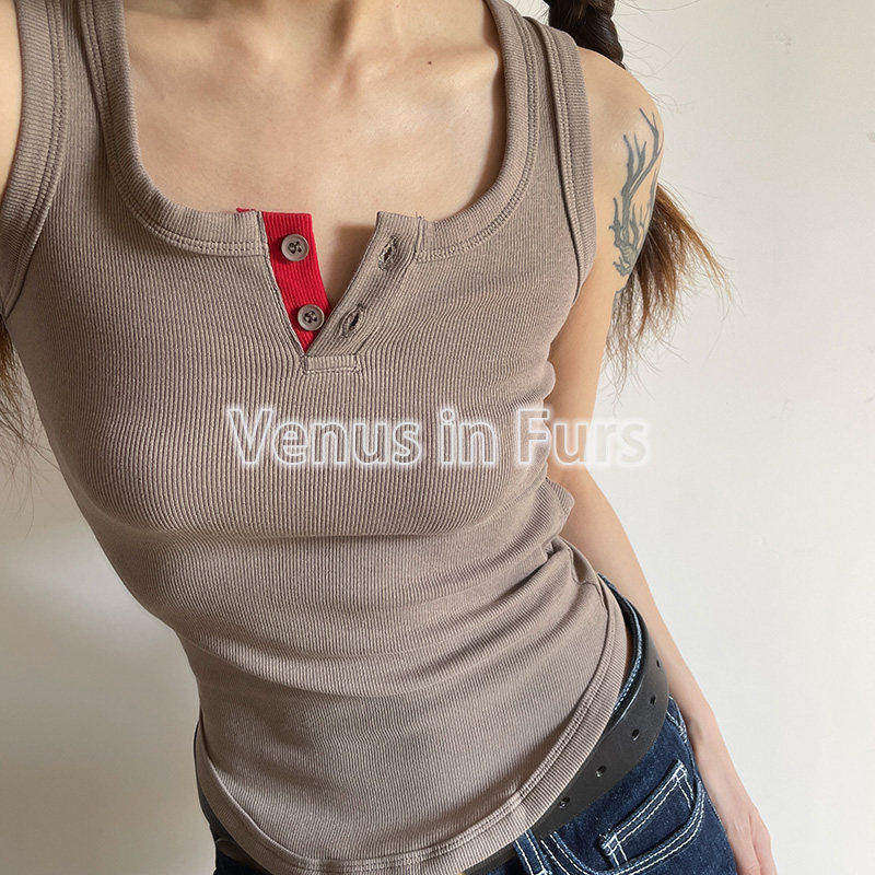 美式复古设计感后背绑带拼色系扣修身性感露背无袖工字型背心上衣