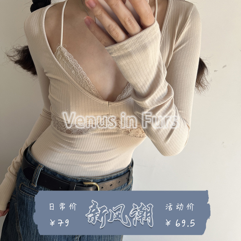 复古性感蕾丝拼接假两件V领长袖