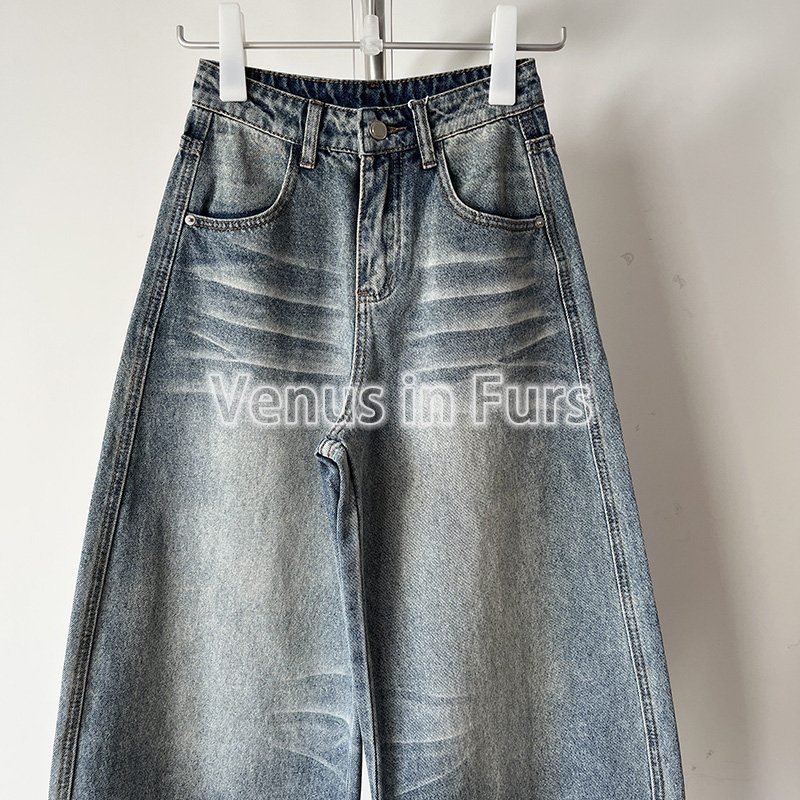 后脚跟堆叠设计做旧阔腿牛仔长裤