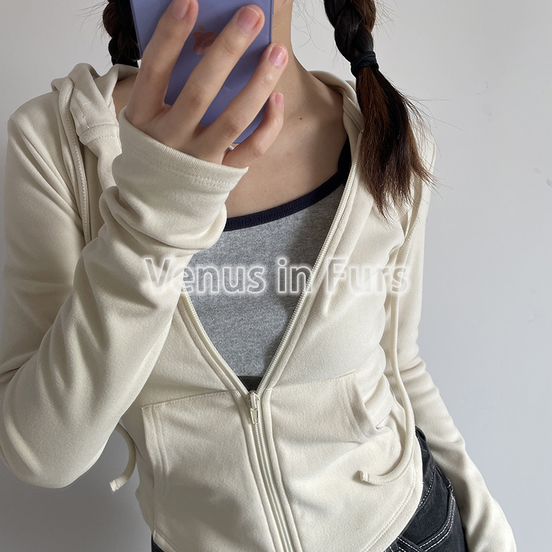 早春复古百搭青春运动风纯色修身型显瘦长袖连帽拉链卫衣帽衫开衫