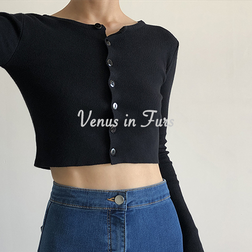 欧美露脐纽扣修身长袖针织开衫