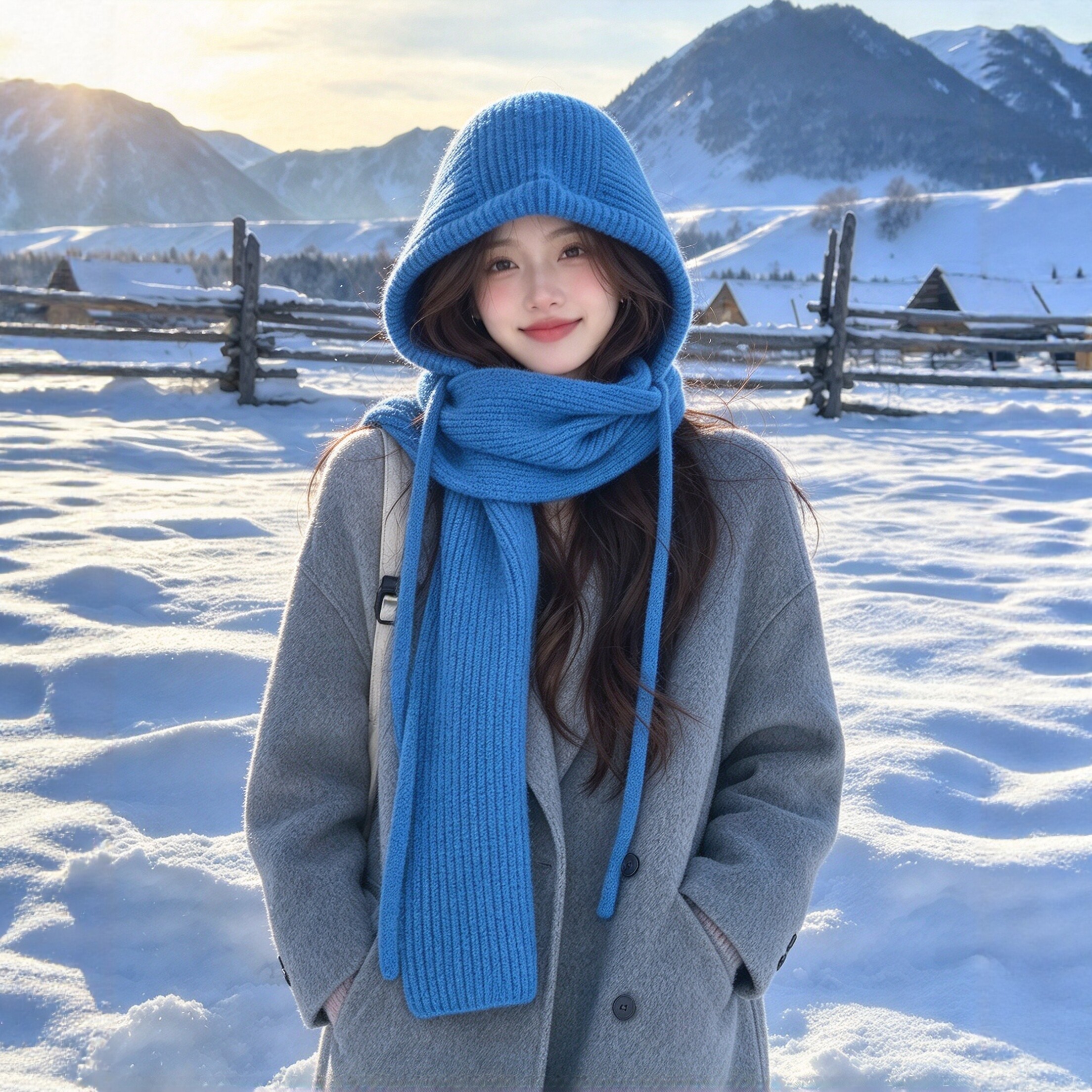 蓝色巴拉克拉法帽女冬防寒保暖针织帽子围巾一体大头围护耳毛线帽