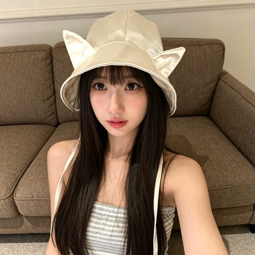 双面戴缎面可爱猫耳朵渔夫帽女春夏季防晒遮阳帽子显脸小百搭盆帽
