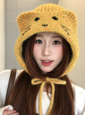 韩系可爱卡通猫耳系带针织帽女秋冬保暖护耳帽子百搭显脸小毛线帽