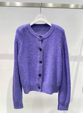 MM麦麦25冬季新紫色羊毛针织开衫女单排扣圆领毛衣外套4GC233791