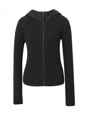 MM麦麦2025冬季新款深灰色拼接连帽时尚针织开衫毛衣女5GA180841