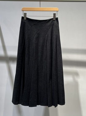 MM麦麦2025秋冬新款百褶黑色半身裙高腰显瘦中长款A字裙5FA141961