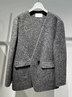 MM麦麦家2025秋冬新款v领灰色短款羊毛双面呢大衣外套女4EA170901