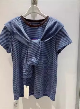MM麦麦26春季新款带披肩条纹T恤女纯棉撞色美式复古短袖4H3101321