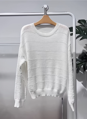 MM麦麦26春季款白色镂空条纹圆领长袖针织衫女薄款上衣4H2131021X
