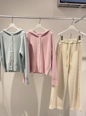 MM麦麦2025秋冬新款灰色绵羊毛连帽针织开衫毛衣女外套4EC333072