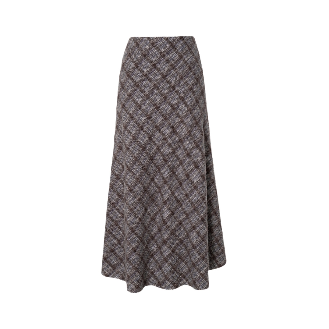 格纹高腰显瘦A字毛呢半身裙长裙