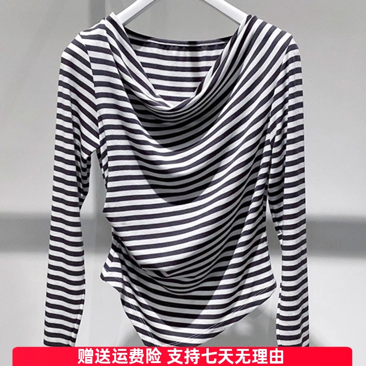 飘伊芙丽影2025春季新款百搭显瘦不规则条纹长袖T恤上衣1G3100081