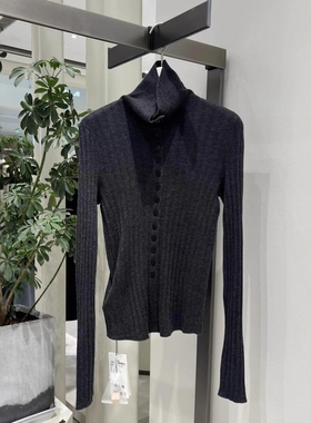 MM麦麦2025秋冬新款灰色绵羊毛高领针织开衫毛衣女上衣5GA134071