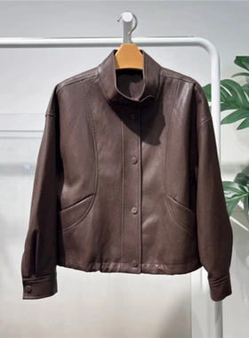 MM麦麦26春季新款美拉德百搭短款立领皮衣外套女咖啡色4H8212611Q