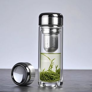 天使之目实心底双层高档隔热玻璃杯加厚耐热便携男女泡茶杯子便携