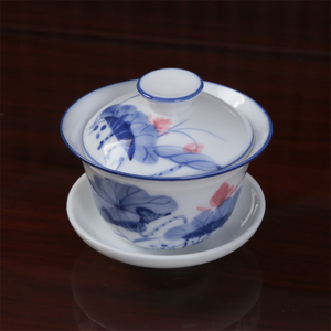 潮州老茶具老盖碗三才碗彩瓷手彩手绘工夫茶具2000年老货青花瓷