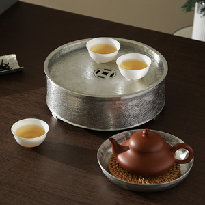 潮汕手工锡茶盘茶船潮州工夫茶具锡器手拉壶圆形储水式中式干泡台