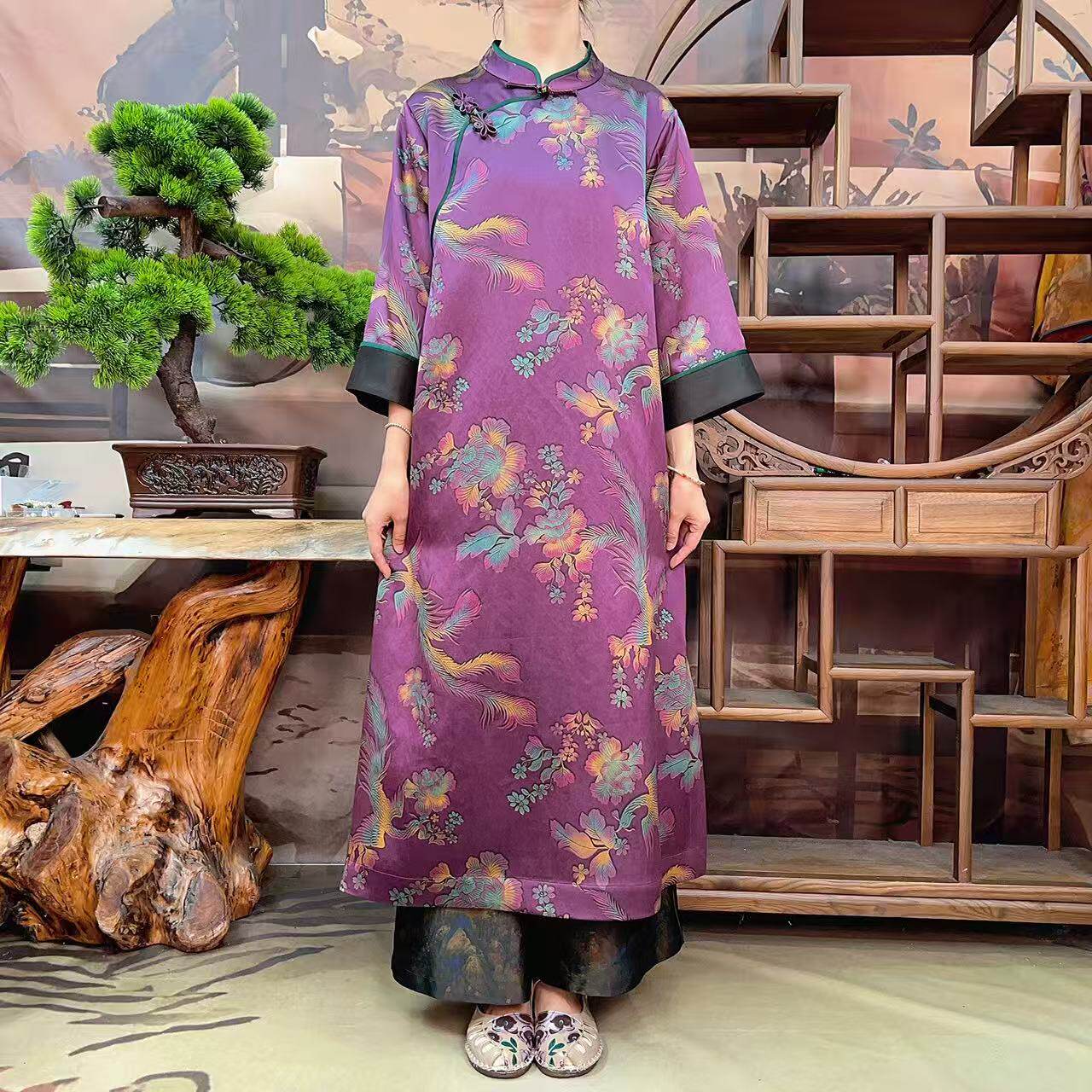 60姆米紫色凤尾花连衣裙100桑蚕丝香云纱面料缝制中国风