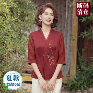 新中式中袖香云纱上衣女夏季新款妈妈小衫短款国风印花真丝衬衫