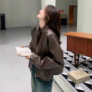 美拉德咖色小皮衣外套女2025秋季 高级感炸街小个子机车服夹克 新款