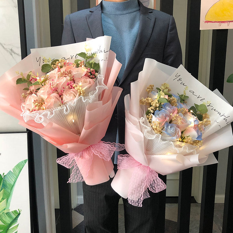碎冰蓝玫瑰仿真香皂花满天星花束送女友干花生日礼物女闺蜜向日葵